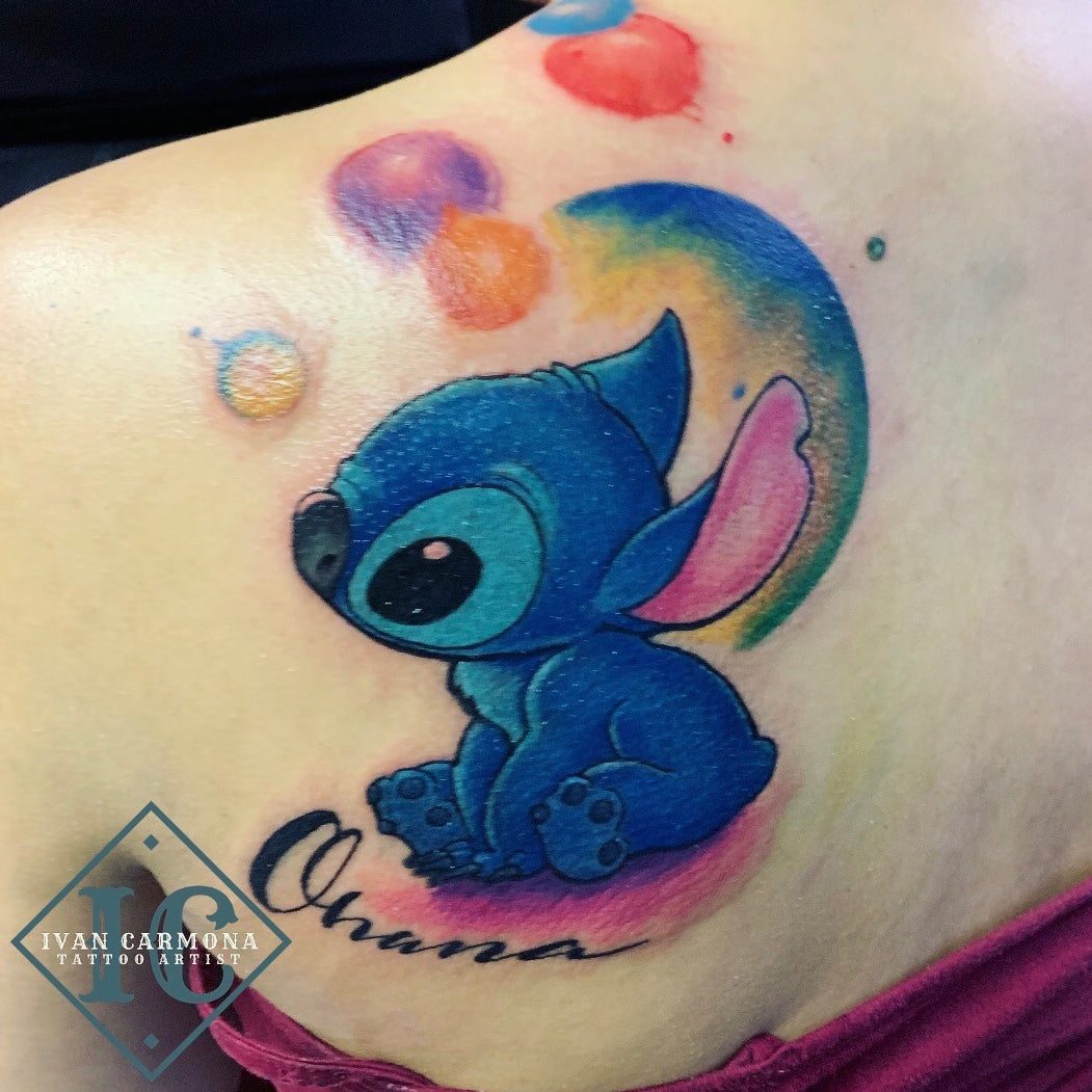 Stitch Character Inspired Tattoo With Vivd Watercolors And