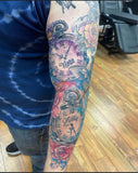 Watercolor sleeve dedicated to his children with clocks