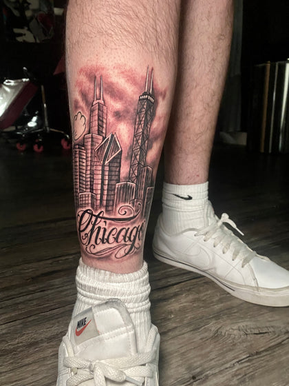 Chicago scene tattoo with script