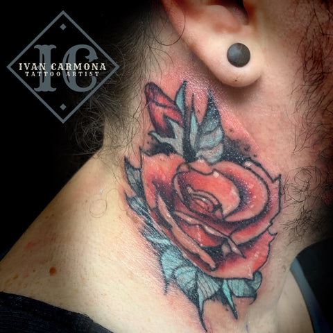 Rose Tattoo On The Neck With Red Blue And Black Ink Tatuaje De Rosa En El Cuello Con Tinta Roja, Azul Y Negra<br>
