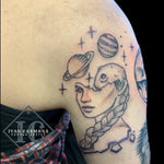 Astronomy Tattoo In Black And Gray Depicting A Surreal Woman And Planets On The Shoulder Tatuaje De Astronomía En Negro Y Gris Que Representa A Una Mujer Surrealista Y Planetas En El Hombro<br>