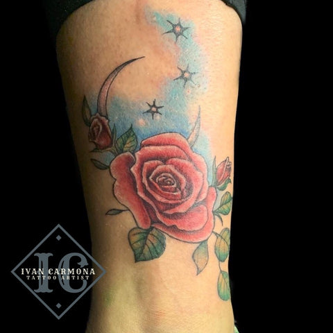 Rose Tattoo With A Moon Stars And A Blue Splash Tatuaje De Rosa Con Estrellas De Luna Y Un Toque Azul<br>