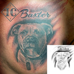 Pet Dog Portraiture Tattoo On The Chest  With Calligraphy Name In Black And Gray