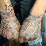 Calligraphy Tattoo "Family First" On The Hands With Clouds And Black And Gray Ink Tatuaje Caligrafía "Family First" En Las Manos Con Nubes Y Tinta Negra Y Gris <br>