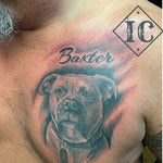 Pet Dog Portraiture Tattoo On The Chest  With Calligraphy Name In Black And Gray