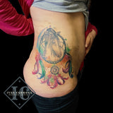 Horse Dreamcatcher Feather Tattoo In Watercolor On The Hip