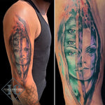Feminine Face And Skull Tattoo With Many Eyes And Colors Tatuaje De Cara Femenina Y Calavera Con Muchos Ojos Y Colores