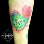 Calligraphy Name Colorful Floral Heart Cacti Forearm Tattoo Tatuaje De Caligrafía Con Un Nombre, Un Colorido Corazón Cactus Y Una Flor Rosa En El Antebrazo