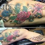 Floral Tattoo With  Colorful Cheetah Print On The Leg