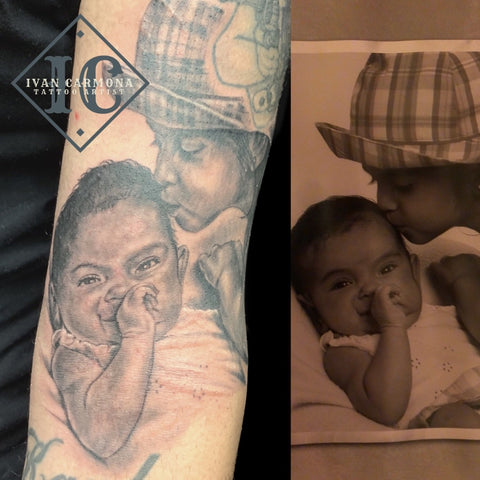 Daughters Portrait Tattoo On The  Forearm With Black And Gray Ink Tatuaje De Retrato De Hijas En El Antebrazo Con Tinta Negra Y Gris<br>