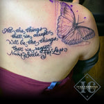 Blue Butterfly Tattoo And Calligraphy On The Shoulder