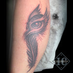Owl Tattoo From A Feather With Black And Gray Stipple Shading On The Leg Tatuaje De Búho De Una Pluma Con Sombreado Punteado Negro Y Gris En La Pierna<br>