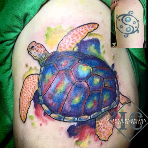 Turtle Cover Up Tattoo Watercolor Style On The Arm Tortuga Encubrir Tatuaje Estilo Acuarela En El Brazo<br>
