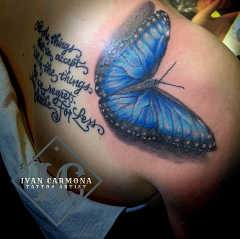 Blue Butterfly Tattoo And Calligraphy On The Shoulder Tatuaje De Mariposa Azul Y Caligrafía En El Hombro<br>
