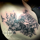 Floral Black Work Clavicle Tattoo Hummingbird Rose Butterfly