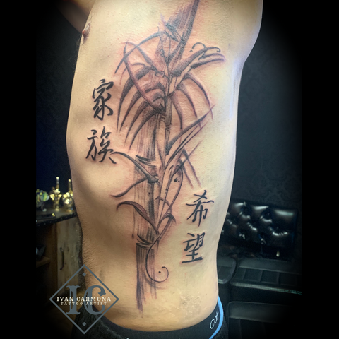 Bamboo Black And Gray Calligraphy Rib Tattoo <p>Tatuaje De Bambú Negro Y Gray En La Costilla Con Caligrafía</p>
