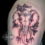 Elephant Tattoo On The Leg With Flowers In Black Line And Dot Work Tatuaje De Elefante En La Pierna Con Flores En Línea Negra Y Trabajo De Puntos<br>