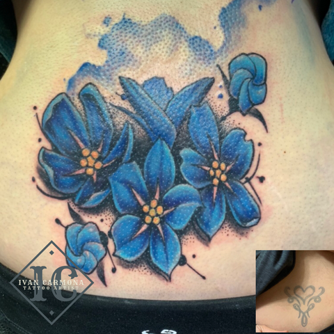 Blue Forget Me Nots Floral Memorial Cover Up Watercolor Tattoo On The Lower Back Miosotis No Me Olvides Flor Acuarela Memorial Tapar Tatuaje En La Parte Bajo De La Espalda