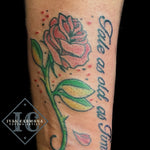 Rose Tattoo Inspired By Beauty And The Beast In Color With Calligraphy On The Forearm Tatuaje Rosa Inspirado De La Bella Y La Bestia En Color Con Caligrafia En El Antebrazo