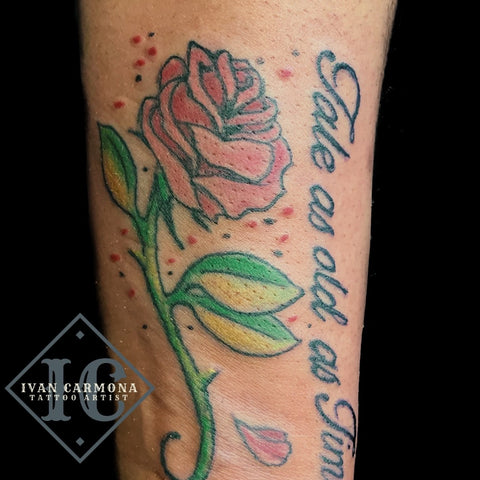 Rose Tattoo Inspired By Beauty And The Beast In Color With Calligraphy On The Forearm Tatuaje Rosa Inspirado De La Bella Y La Bestia En Color Con Caligrafia En El Antebrazo
